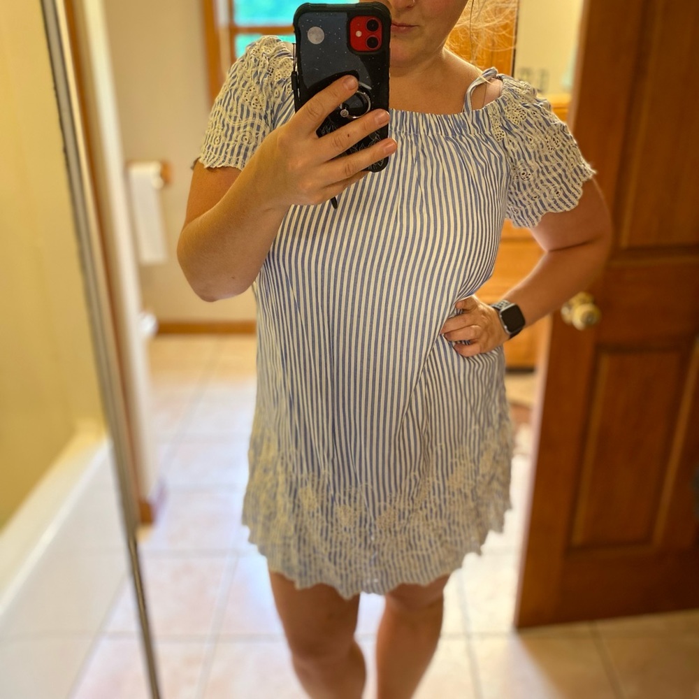 Blue/White/lace sundress. New with tags. Removable button straps.
